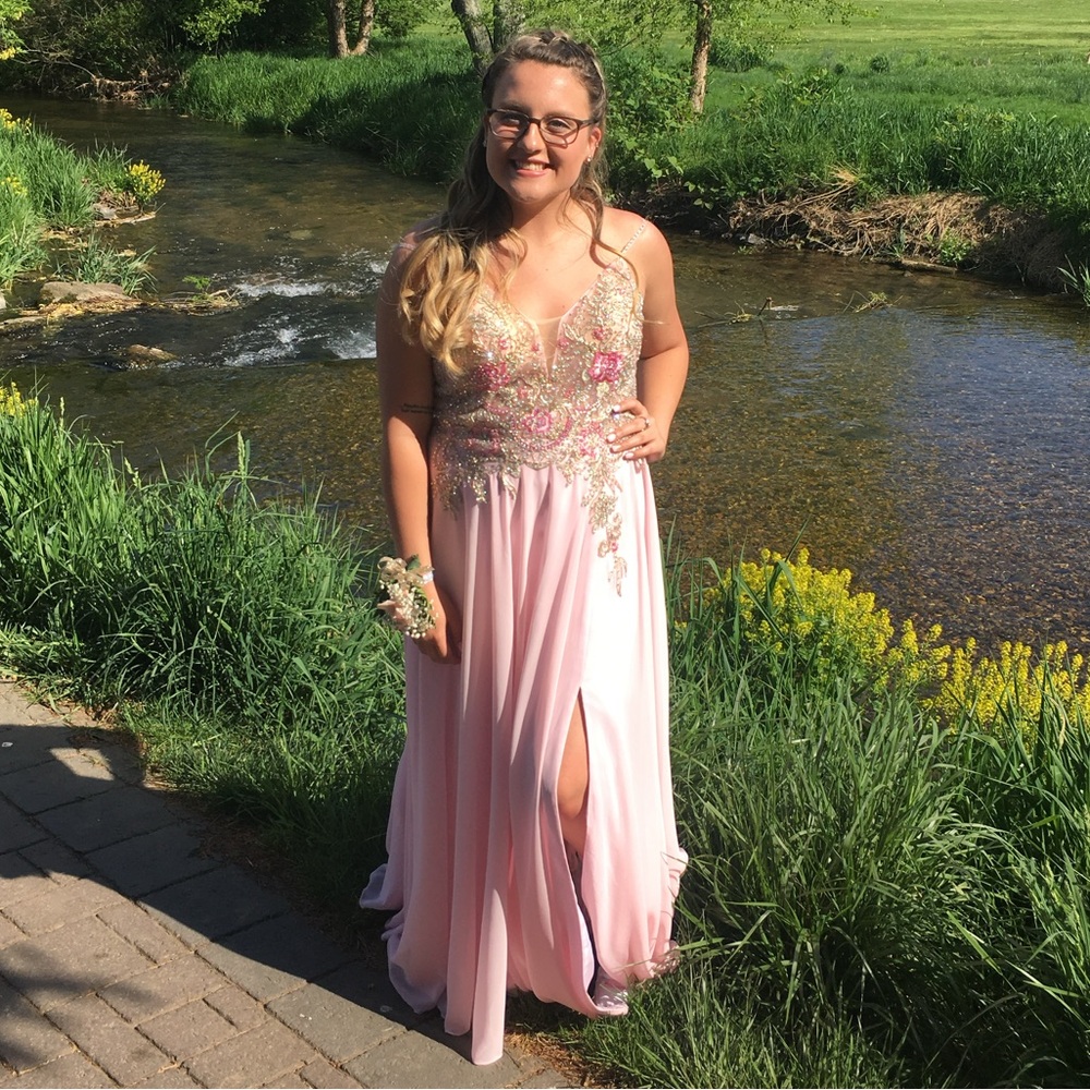 JVN by Jovani Pink and Gold Prom Dress